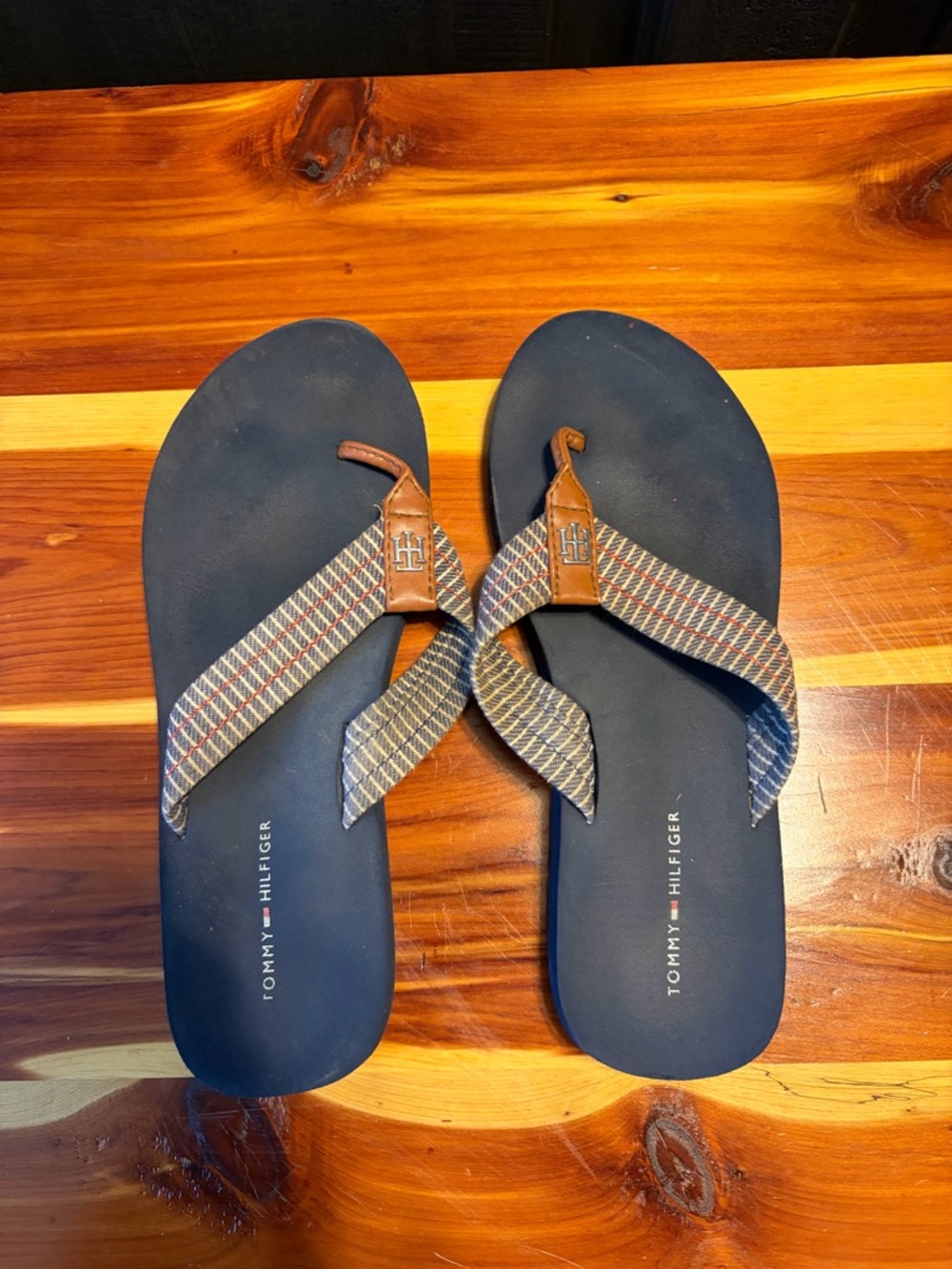 Tommy Hilfiger Navy Flip Flop Sandals with Brown Accents